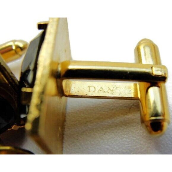 Black Faceted Cuff Link Set Dante Gold Tone Cufflinks & Tie Tack Tux Shirt Vtg - Picture 9 of 11